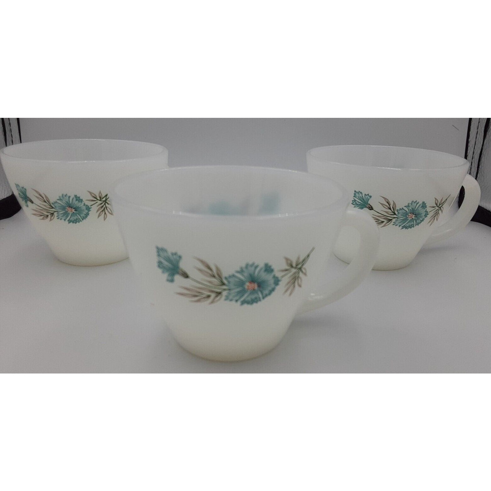 3 pc Vntg Bonnie Blue Carnation Flower Coffee / Tea Cup Fire King Oven Ware USA - Picture 2 of 12